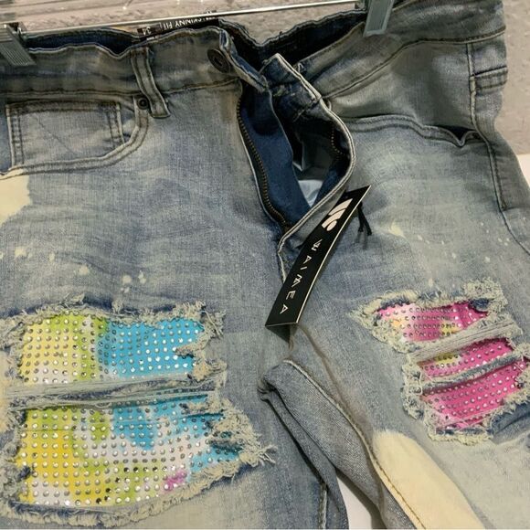 Men's 34x32 Waimea Blue Distressed Ripped rhinestone Skinny Fit Jeans - Picture 5 of 11